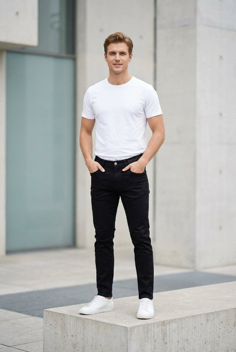 Black slim-fit jeans hanging on a wooden hanger against a textured gray wall.