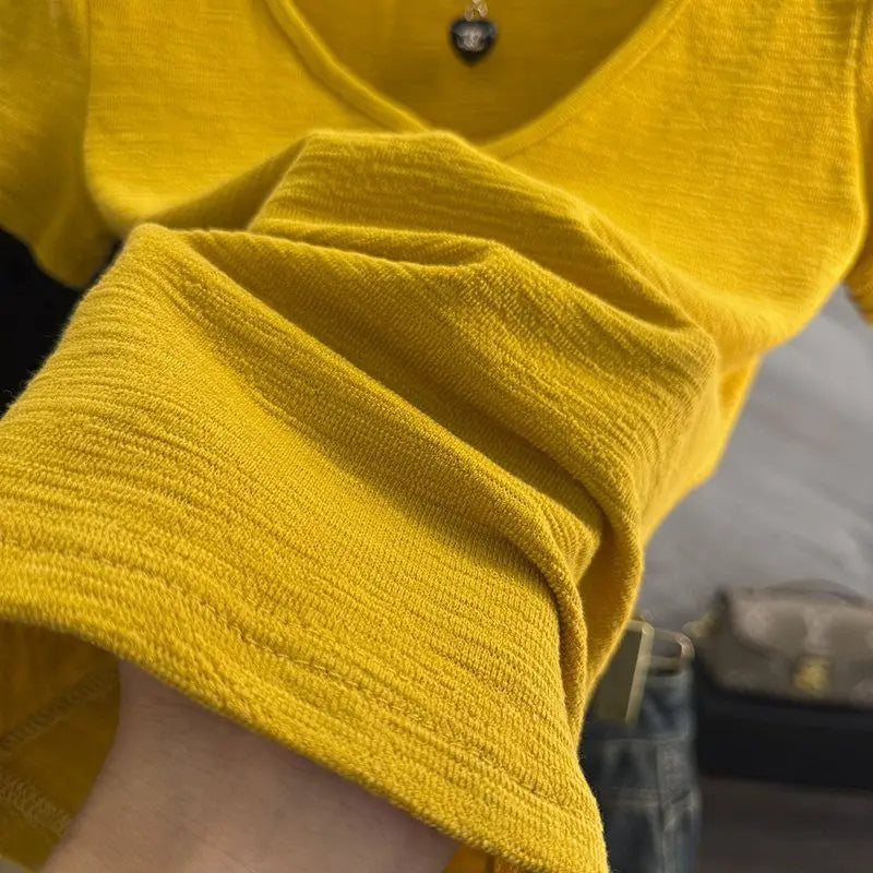 Short Sleeve Simplicity Solid Street Casual T Shirts New Women Clothing V Neck All-match Fashion Tops Lazy Style Trend Summer