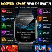 A smartwatch health monitor shown prominently in the center with a black mesh strap and black watch face. 