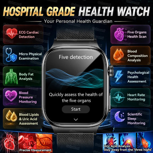 A smartwatch health monitor shown prominently in the center with a black mesh strap and black watch face. 
