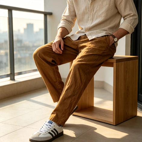 A man sits on a wooden cube stool in a sunlit room, wearing loose tan corduroy trousers, a light beige shirt, and white sneakers 