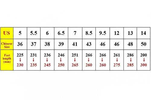 Table comparing US size, Chinese size, and foot length measurements.