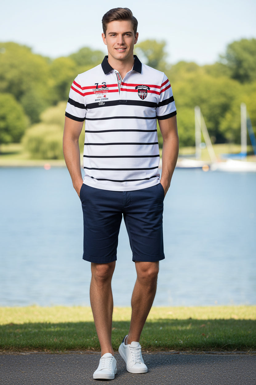 A white short-sleeve polo shirt with horizontal black stripes, red stripes on the upper chest and shoulders, a black collar, and embroidered logos on the chest.