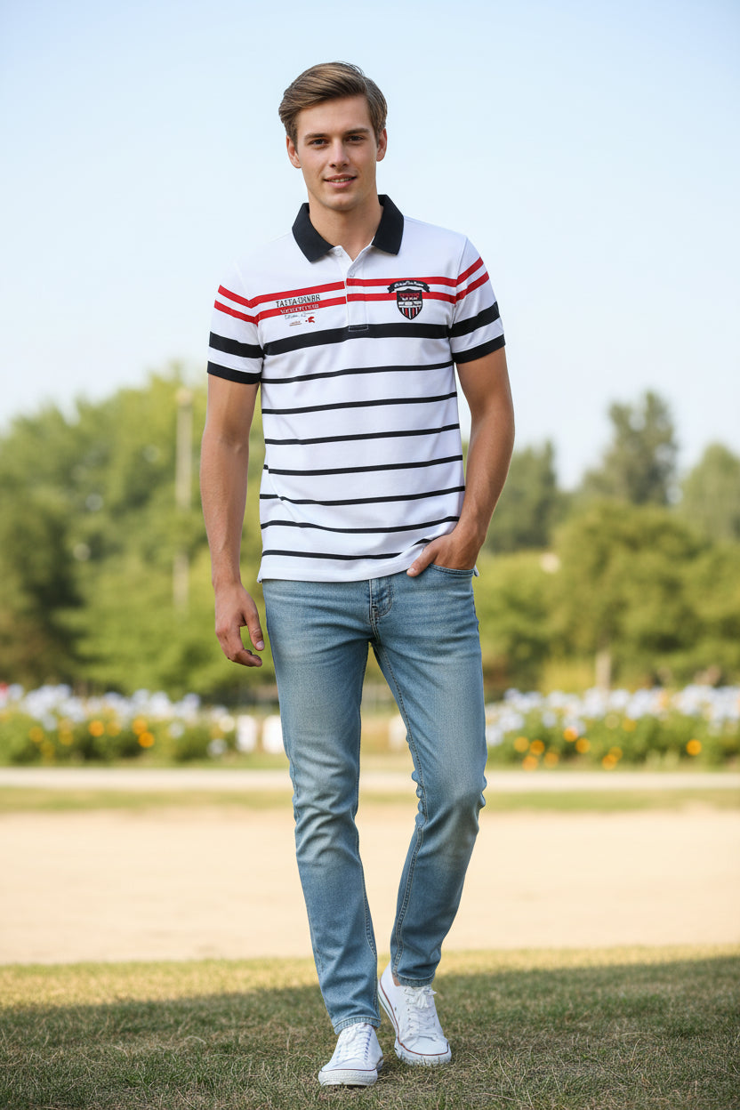 A white short-sleeve polo shirt with horizontal black stripes, red stripes on the upper chest and shoulders, a black collar, and embroidered logos on the chest.
