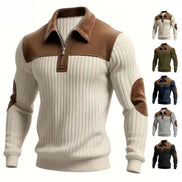 A men's ribbed knit quarter-zip sweater with brown faux-leather shoulder yoke and elbow patches, shown on a white background 