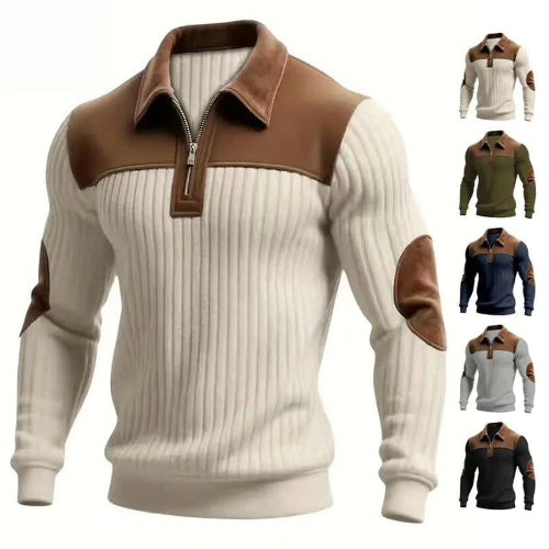 A men's ribbed knit quarter-zip sweater with brown faux-leather shoulder yoke and elbow patches, shown on a white background 