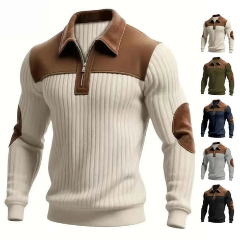 A men's ribbed knit quarter-zip sweater with brown faux-leather shoulder yoke and elbow patches, shown on a white background 