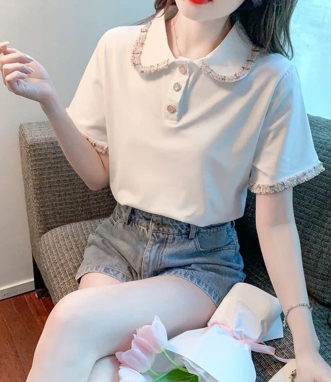Short Sleeve Button T-shirts Summer Outfit Lapel Baggy Female Tee Aesthetic Clothing Sales Y2k Fashion Youth Women's Polo Shirts
