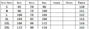 Size chart for clothing with measurements in centimeters