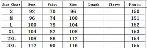 Size chart for clothing with measurements in centimeters