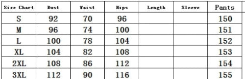 Jumpsuit size chart for sizes S–3XL showing bust, waist, hip, and pants measurements.