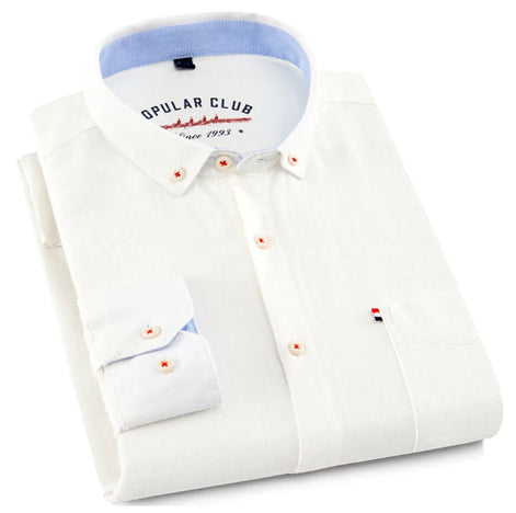 White dress shirt with light blue collar on a white background, branded 'Opular Club'.