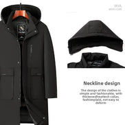 Black hooded men's coat shown on a hanger with two inset detail views, including a hood close-up and neckline detail, 