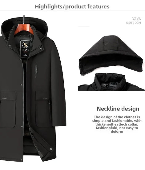 Black hooded men's coat shown on a hanger with two inset detail views, including a hood close-up and neckline detail, 