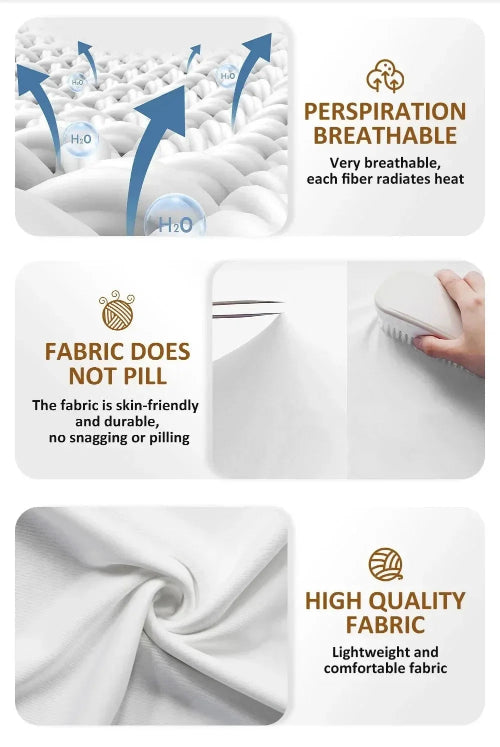 Fabric features with text on perspiration breathability, fabric quality, and texture.
