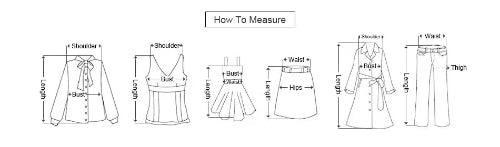Measurement chart for clothing with labeled parts and instructions on how to measure.