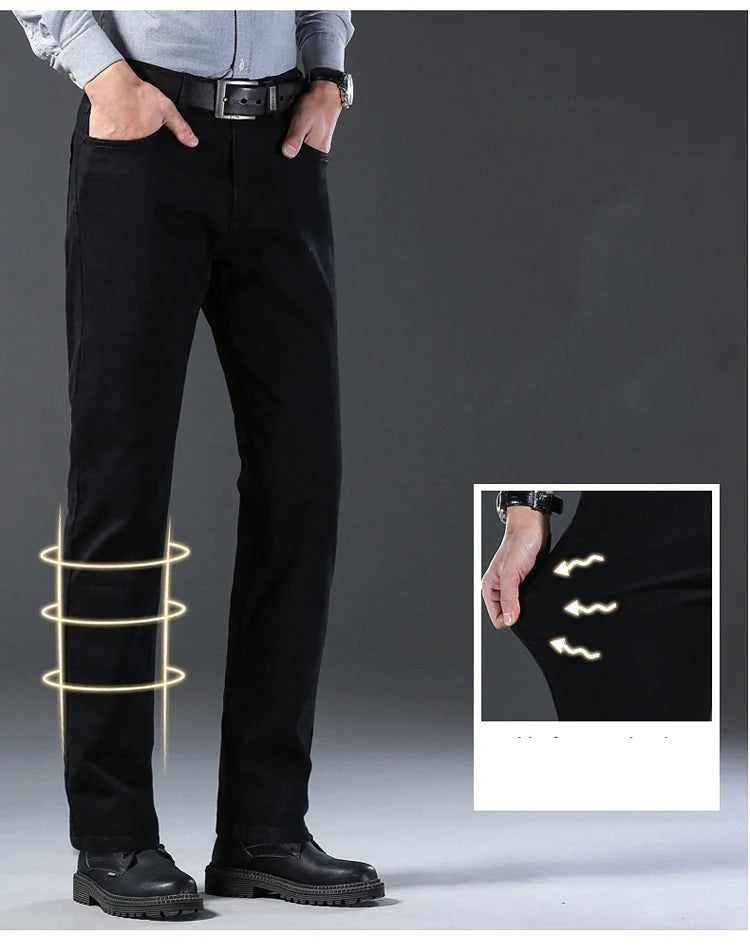 Person wearing black pants with a close-up inset showing a detail of the fabric texture.