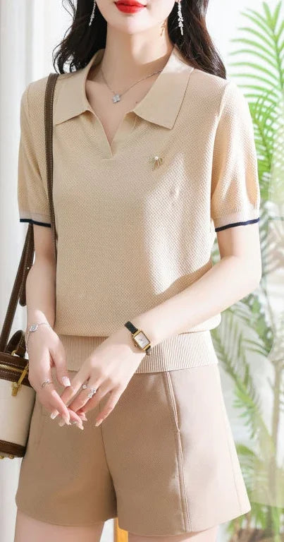 Female Tee Baggy Plain Knitted Cute T-shirts Kawaii Women's Polo Pulovers Offer Comfortable Summer 2025 with Collar New On