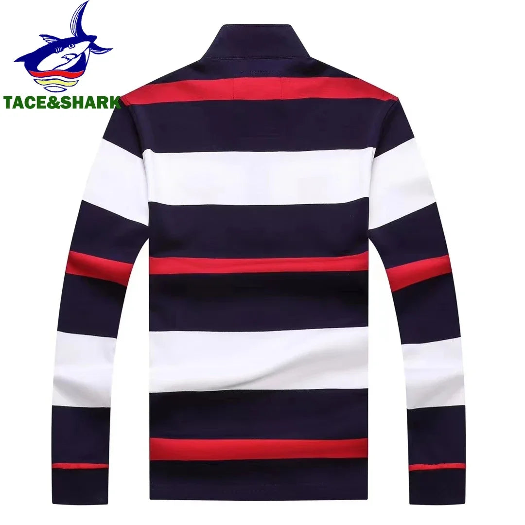 A men's long-sleeve polo shirt with horizontal stripes in navy blue, white, and red, shown from the back. The brand logo 'TACE&SHARK' is visible in the top-left corner.