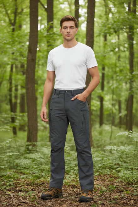 Gray hiking pants with multiple pockets and a brand logo on a white background