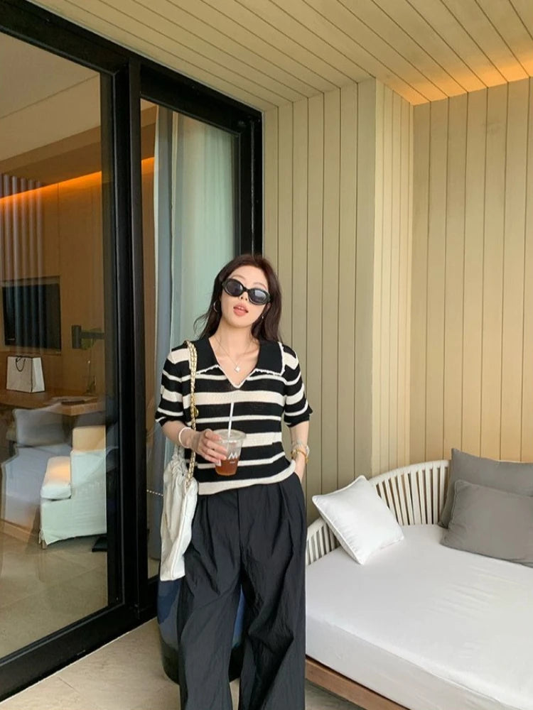 Women High Stretch Polo Shirt 2026 Stripe Short Sleeve Top Casual Color Block Splicing Openwork Knit Blouse