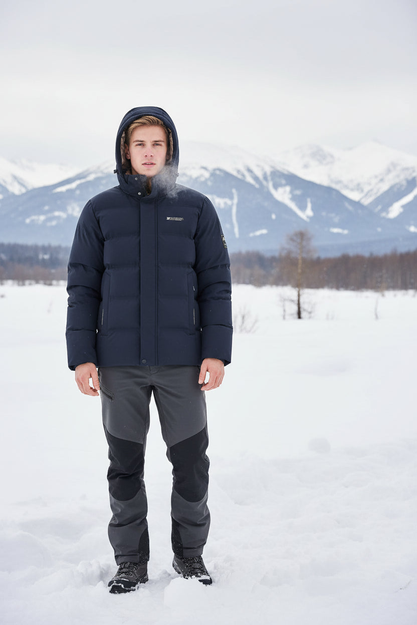 Navy blue winter jacket with brown interior on a white background