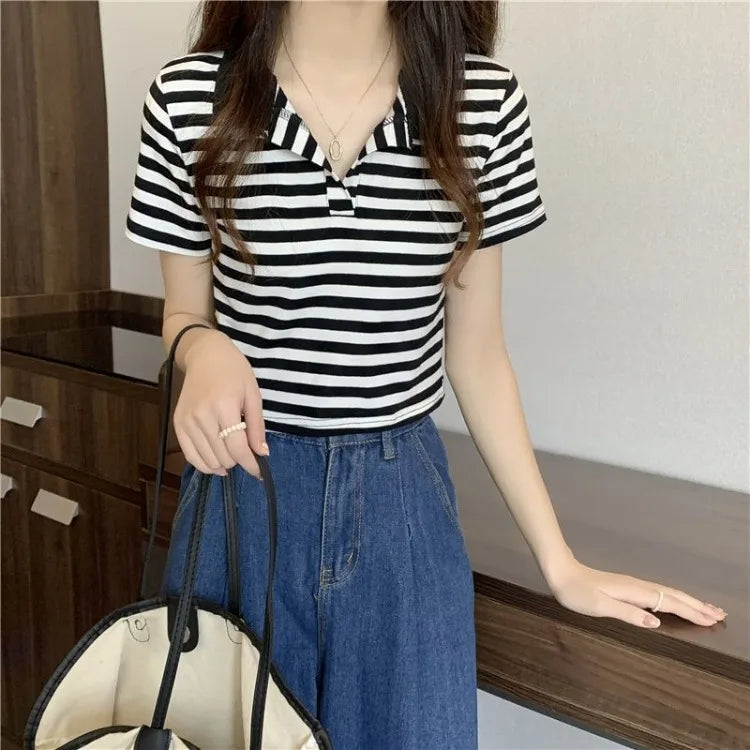 Chic V Neck Short Length Striped Short Sleeve Polo T Shirt For Women Summer 2026 New Niche Top