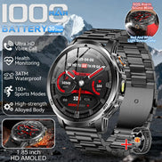 Smartwatch with mountainous background and feature highlights