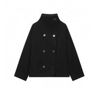 Front view of a black short coat with a stand collar and double-breasted buttons