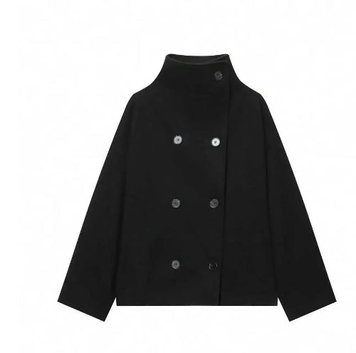 Front view of a black short coat with a stand collar and double-breasted buttons