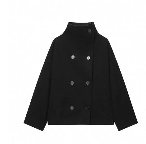 Front view of a black short coat with a stand collar and double-breasted buttons