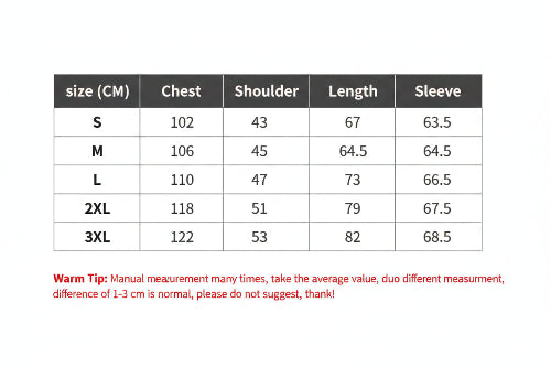 Measurement chart for clothing sizes with chest, shoulder, length, and sleeve dimensions.
