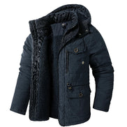Dark blue winter jacket with a hood on a light gray background