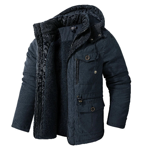 Dark blue winter jacket with a hood on a light gray background