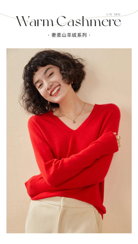 Woman wearing a red sweater with text about warm cashmere on a beige background