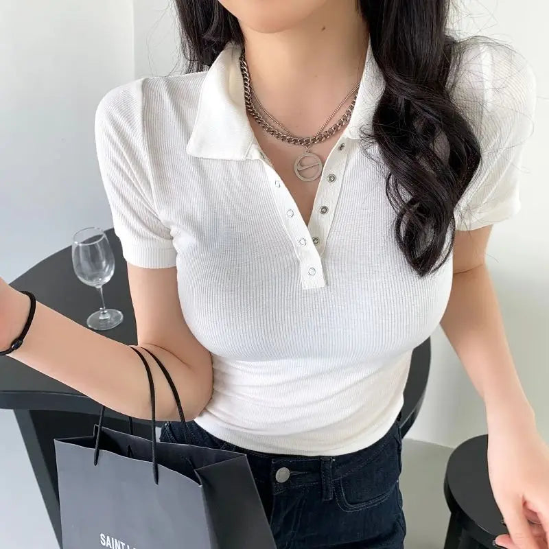 Polo Neck Shirt for Women Sexy Woman T Coquette Clothes Plain 100℅ Cotton Button Slim Korean Style with Collar Pretty Cheap Tops