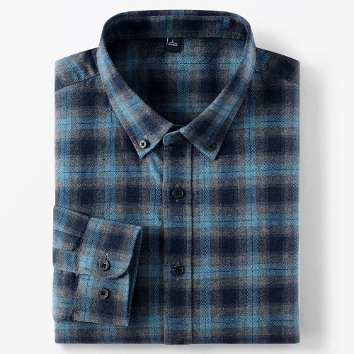 A folded long-sleeve plaid button-down shirt in blue and navy tones, shown on a clean white background.