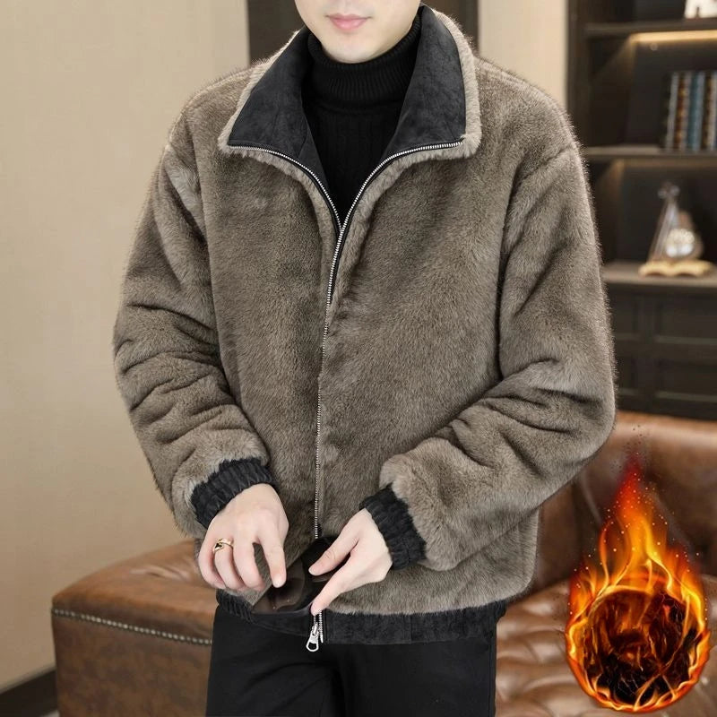 Winter Fleece and Thickened Leather Jacket for Men with A Fur Collar Warm and Casual American High-end Faux Fur One-piece Jacket
