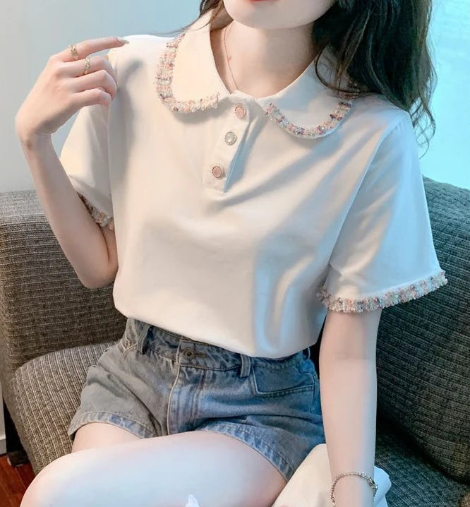 Short Sleeve Button T-shirts Summer Outfit Lapel Baggy Female Tee Aesthetic Clothing Sales Y2k Fashion Youth Women's Polo Shirts