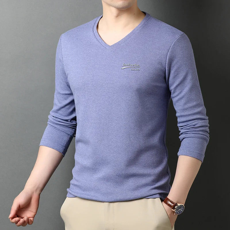 Top Quality New Fashion Brand Solid Color Plain V Neck Long Sleeve t Shirt Men Cotton Casual Men Clothes 2025