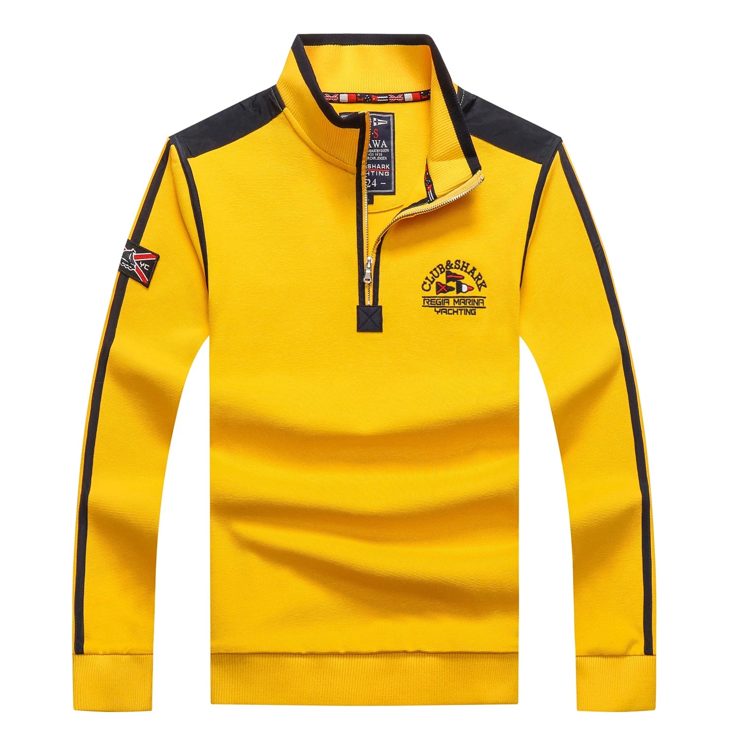TACE&SHARK 2023 Casual Business Yellow Polo Shirt Pullover Half Zipper Patchwork Polo Shirt for Men Fashion Shark Embroidery