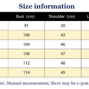 Size chart for clothing with measurements in centimeters