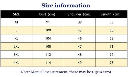 Size chart for clothing with measurements in centimeters