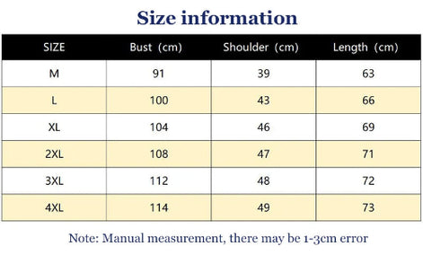 Size chart for clothing with measurements in centimeters
