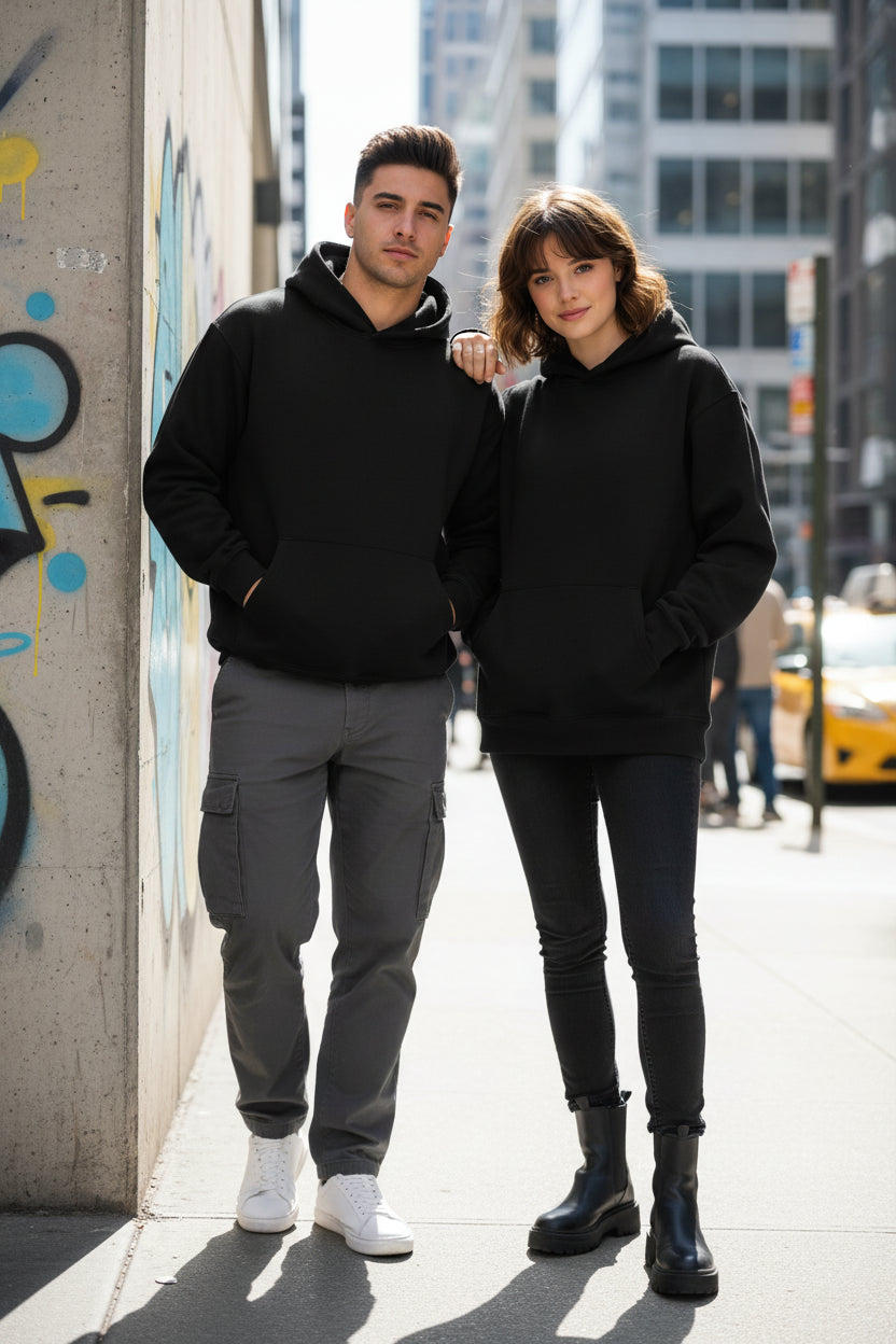 A solid black pullover hoodie with a front kangaroo pocket, displayed flat against a clean white background with a soft drop shadow.