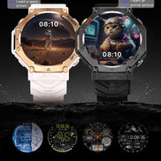 Smartwatch with customizable watch faces on a dark background