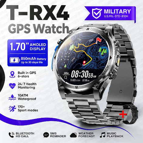 A metallic smartwatch with a round display and metal 