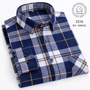 Folded blue and white plaid shirt on a white background with brand logo.
