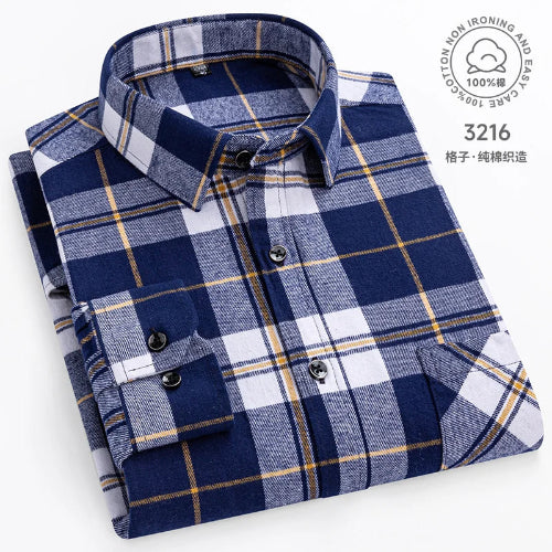 Folded blue and white plaid shirt on a white background with brand logo.