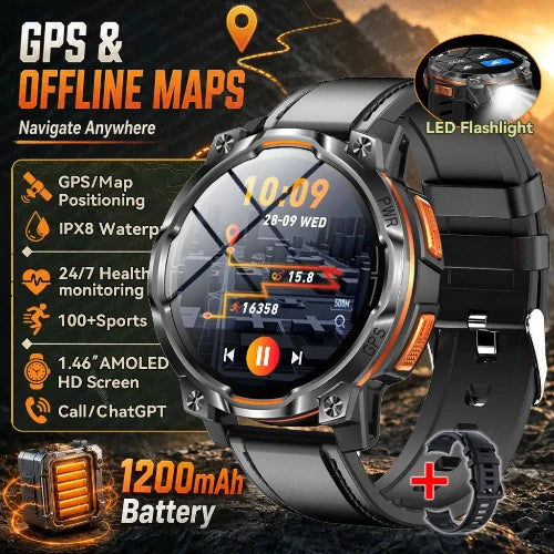 Black and orange rugged smartwatch with a round display, shown with promotional text and feature callouts including GPS & offline maps, LED flashlight,